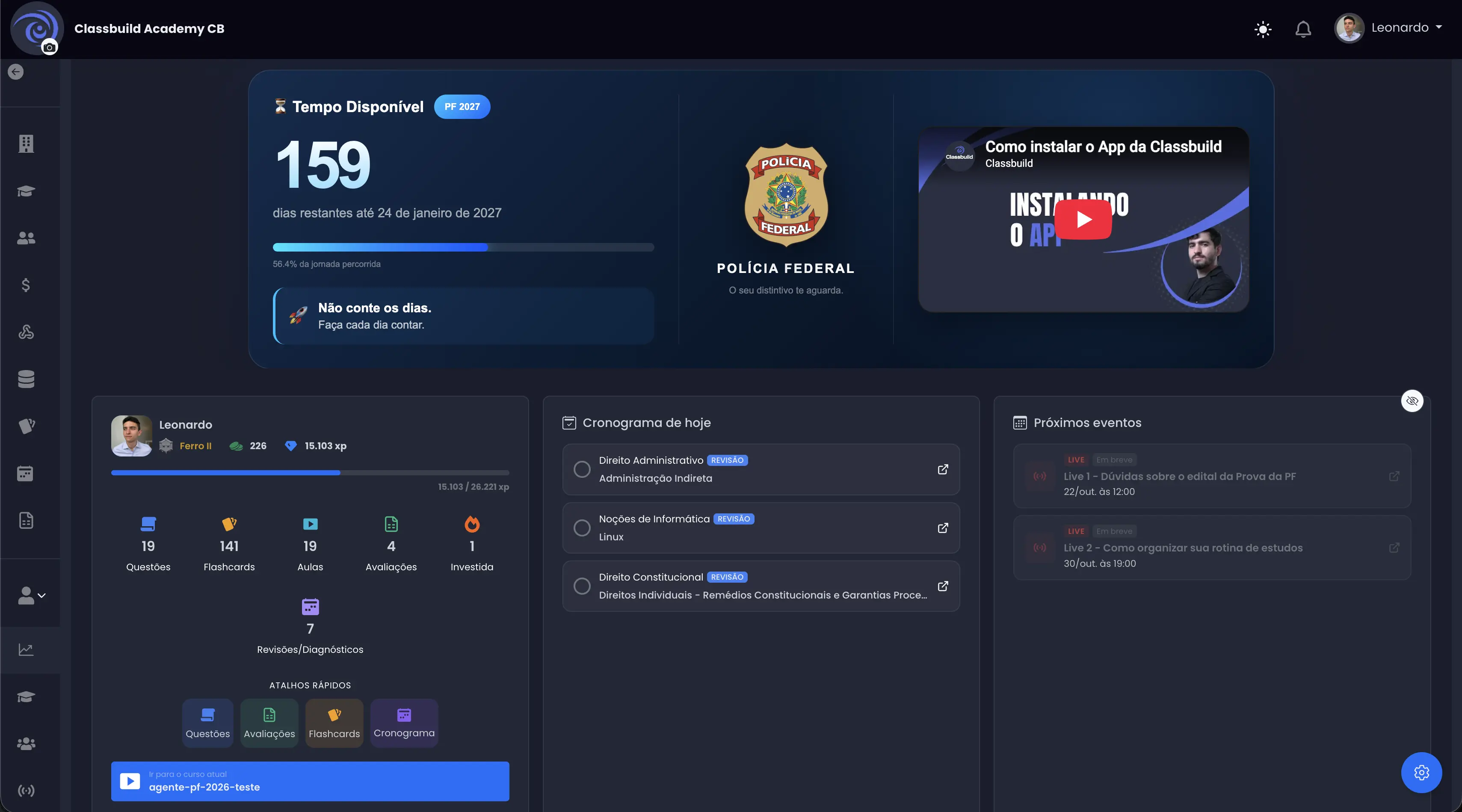 Dashboard personalizado da Classbuild